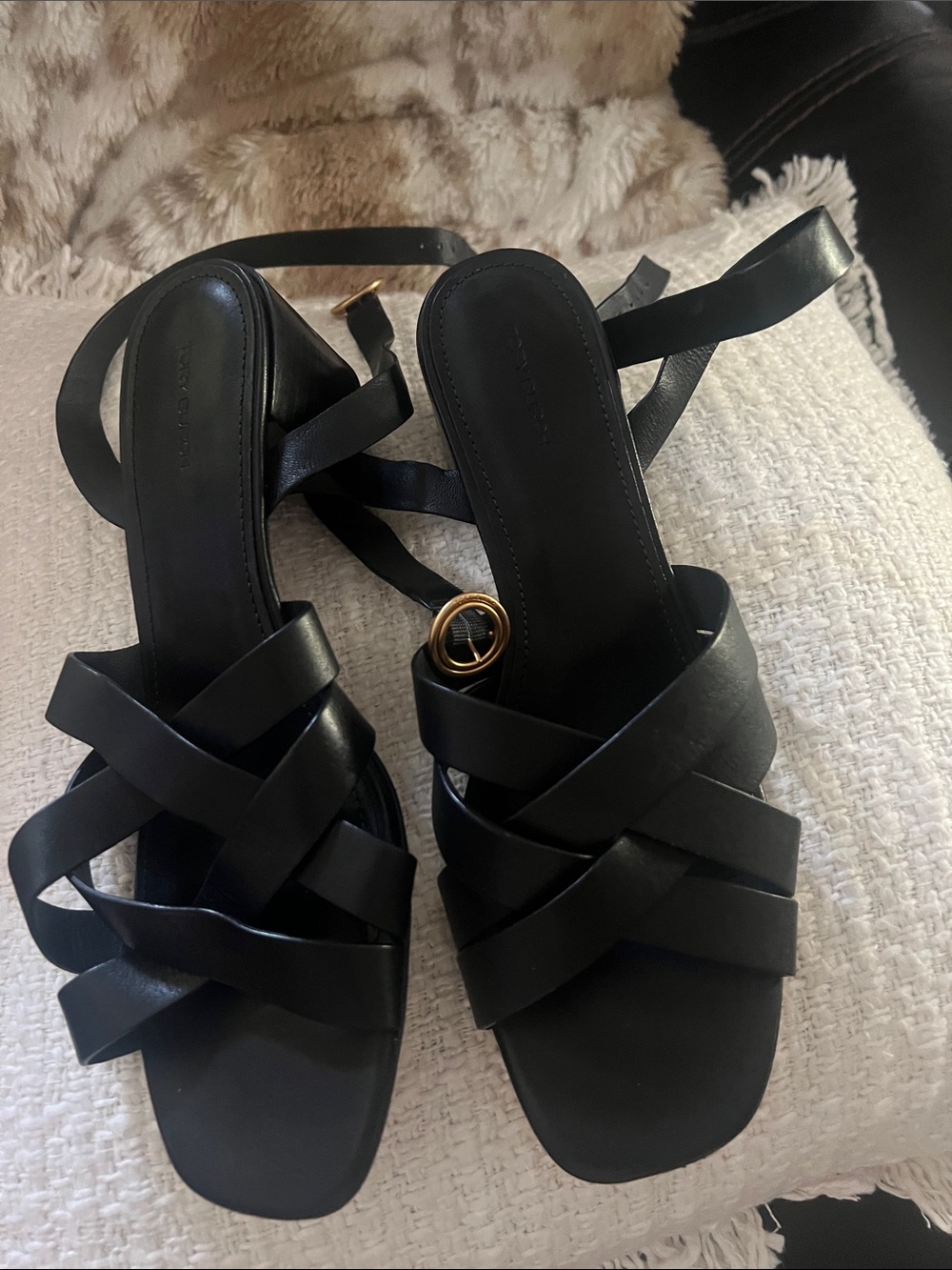 Tory Burch Black Leather Crisscross Ankle Strap Heels with Gold Accent